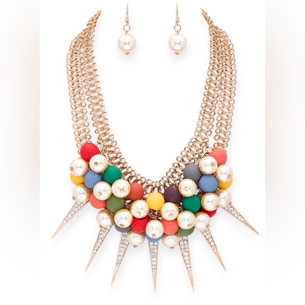 Multicolor Pearl & Rhinestone Statement Necklace and Earring Set